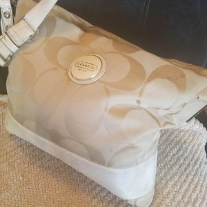 Tan and Cream Coach Bag with Cream Crossbody Strap